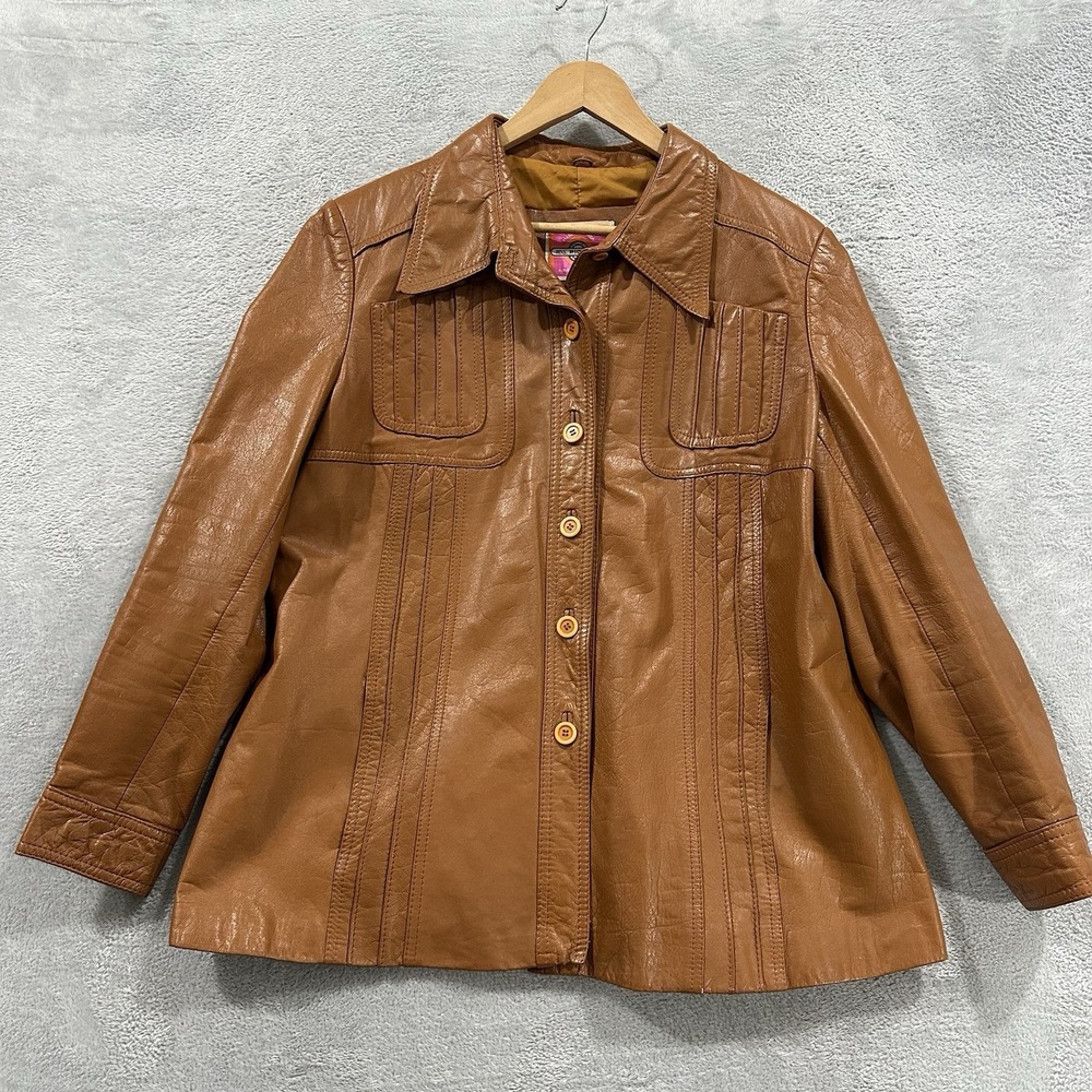 Ms Pioneer Vintage 70s Leather Coat Jacket 18 Brown Western Boho Retro Hippie
